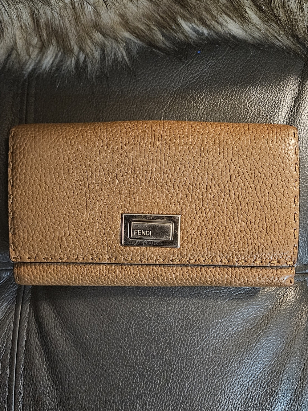Fendi Cognac Pebbled Leather Long Wallet